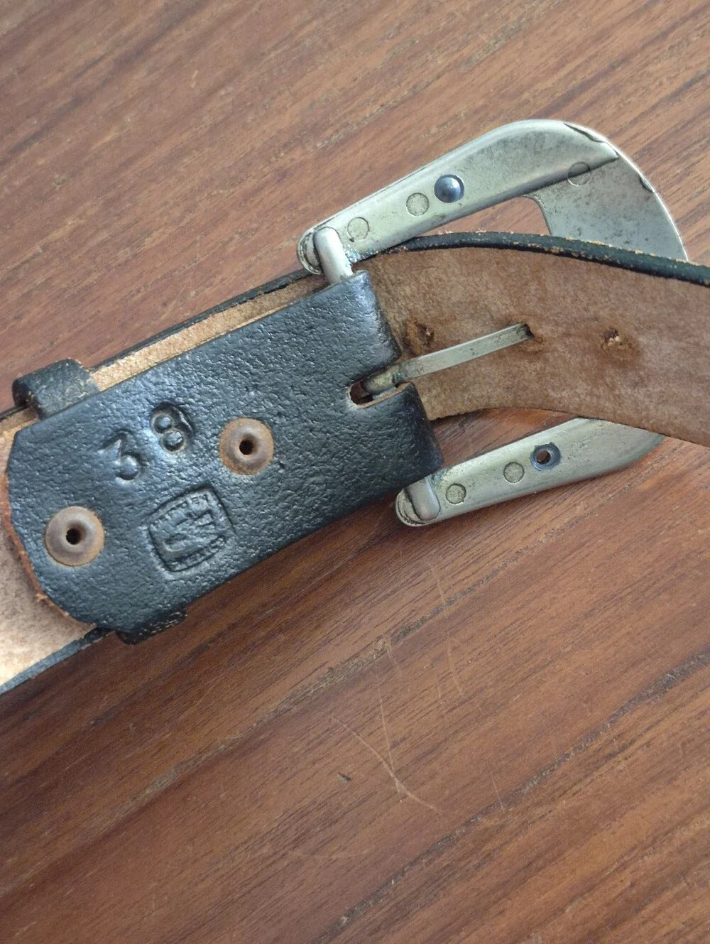 Vintage Black Leather Belt Embossed Eagle 38